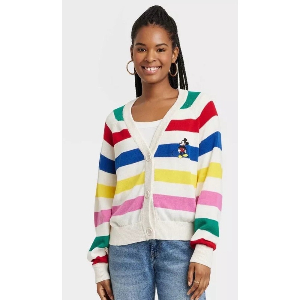 Disney 100 Women's Colorful Striped Cardigan‎ Sweater Size Large Mickey V-Neck